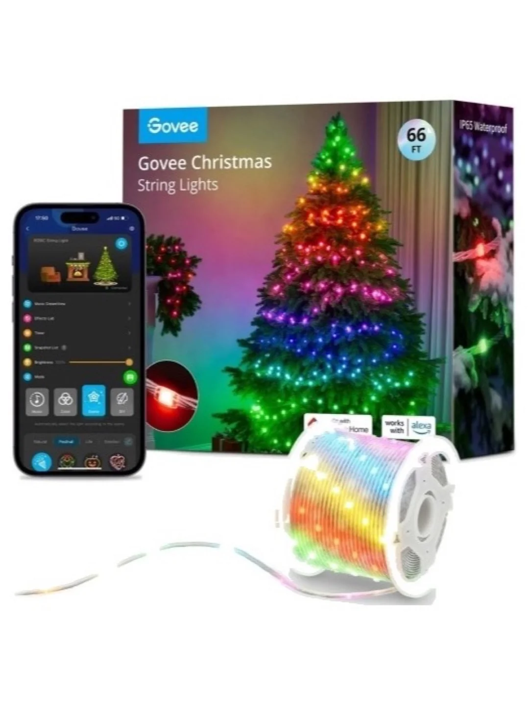 Гирлянда Smart LED Govee H70C2 Christmas Light RGB, IP65, 20м, кабель прозрачный
