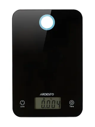 Ardesto oshxona tarozisi 5kg, CR2032x2 batareyalar, shisha, qora, SCK-839B